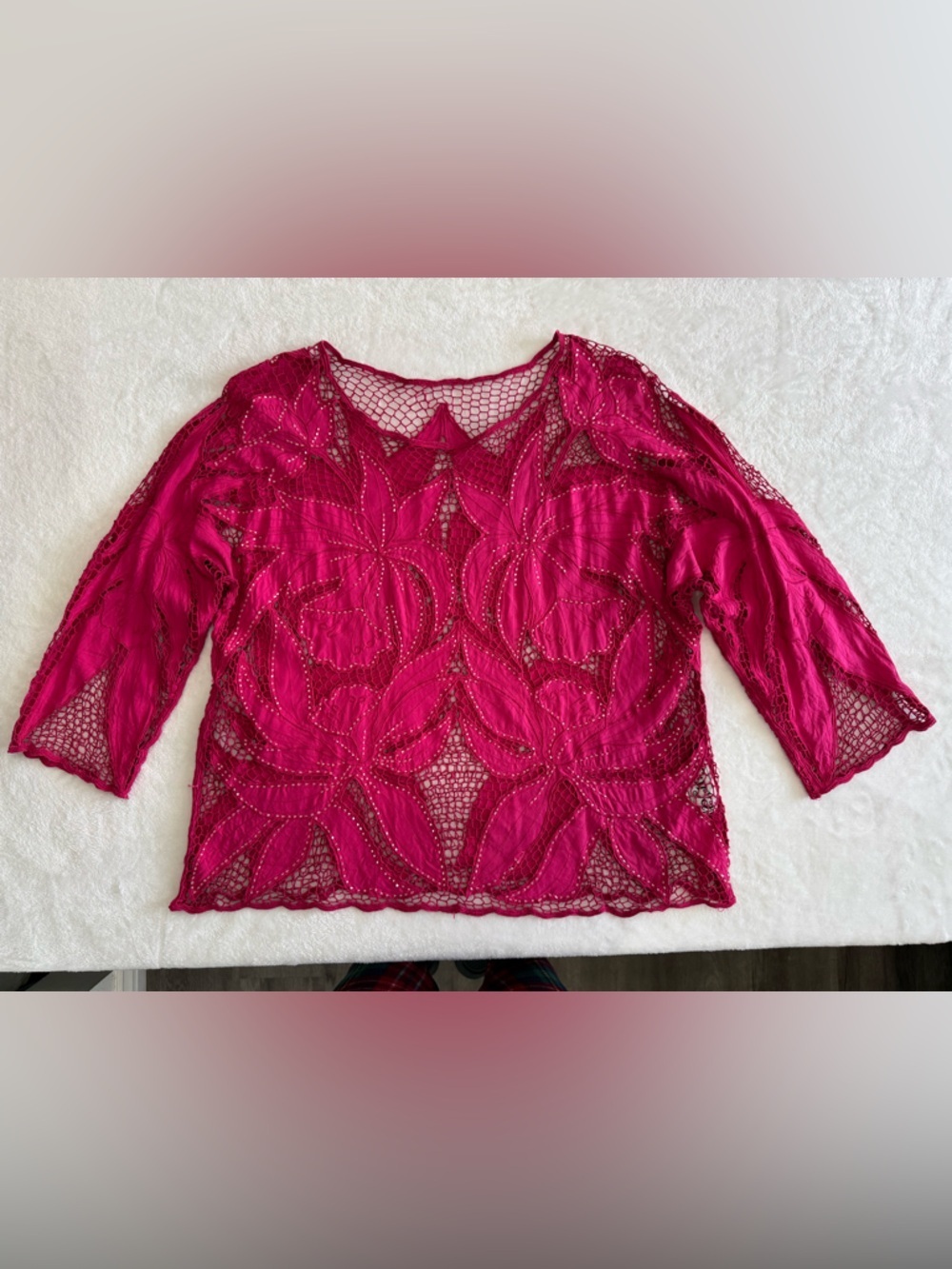 Surya Pink Beaded Sheer Floral Lace Top Boho Y2K Blouse Size L - Picture 12 of 12
